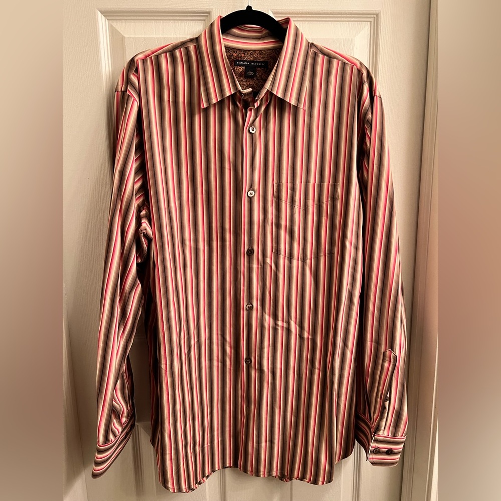 Banana Republic Red Pink Striped‎ Button Down Dress Shirt Flip Cuff L